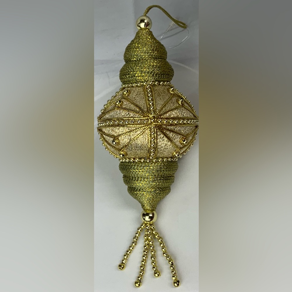 Gold Metallic Fabric Beaded Christmas Tree Ornament